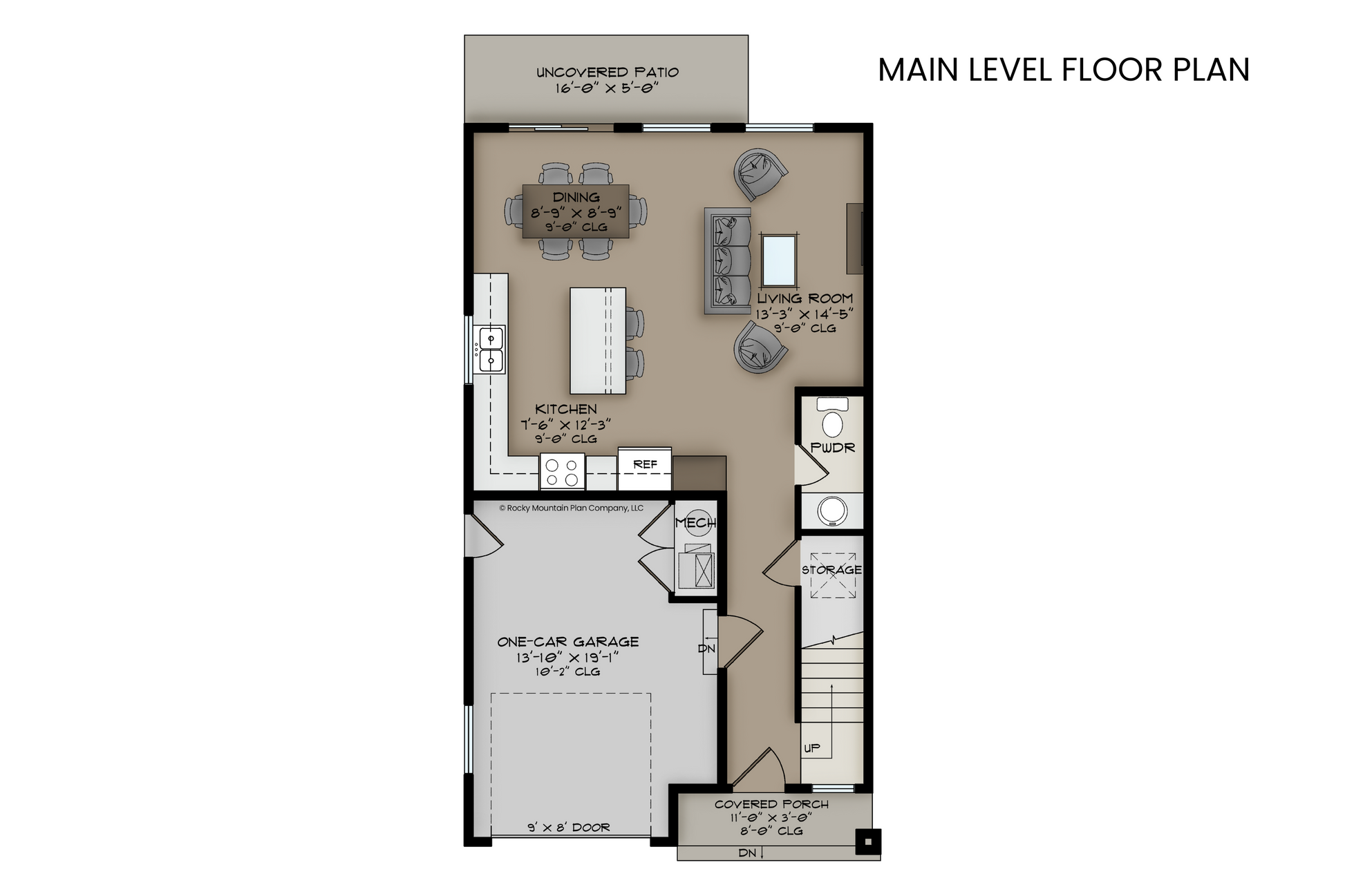 Main level floor plan of Yellow Birch, featuring an open-concept kitchen, dining area, living room, powder room, and access to the rear patio.