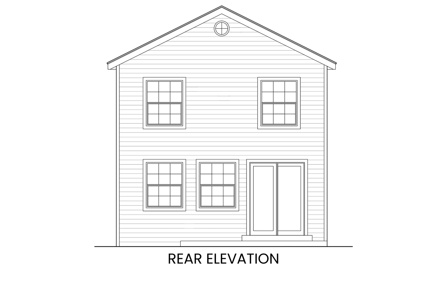 Rear elevation of Yellow Birch, highlighting access to the uncovered rear patio and windows designed to capture site views.