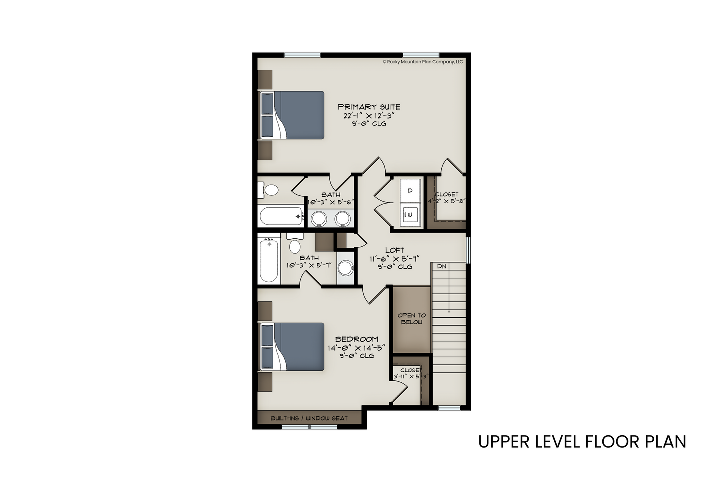 Upper level floor plan of Yellow Birch, including the primary suite with ensuite bath, second bedroom with ensuite, a small loft area, and laundry closet.