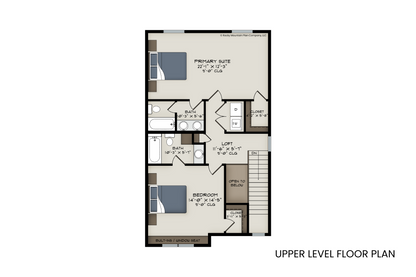 Upper level floor plan of Yellow Birch, including the primary suite with ensuite bath, second bedroom with ensuite, a small loft area, and laundry closet.