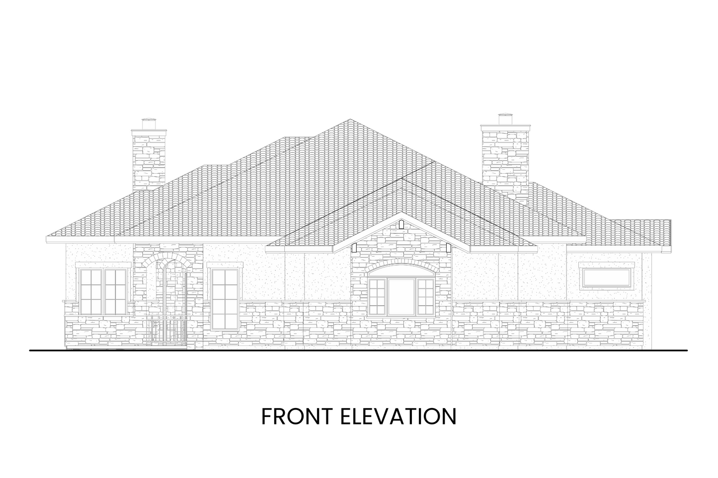 Front elevation of the Fairchild Mountain plan showcasing its Tuscan design with elegant arches and coffered rooflines.