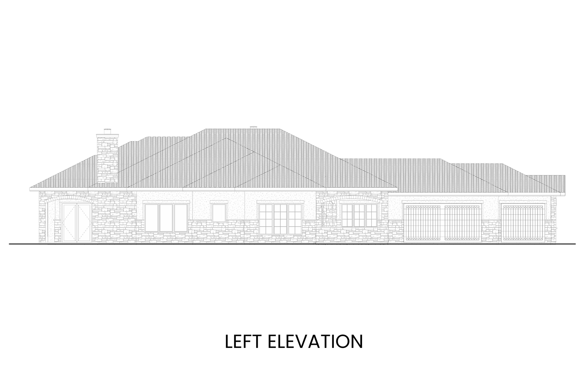 Left side elevation of the Fairchild Mountain plan showing the three-car garage with courtyard entry and Tuscan arches.