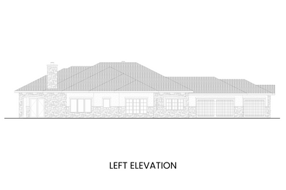 Left side elevation of the Fairchild Mountain plan showing the three-car garage with courtyard entry and Tuscan arches.