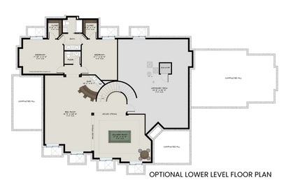 Optional lower level floor plan of the Fairchild Mountain house plan with two bedrooms, a rec room, a built-in bar, and a billiards and game room.