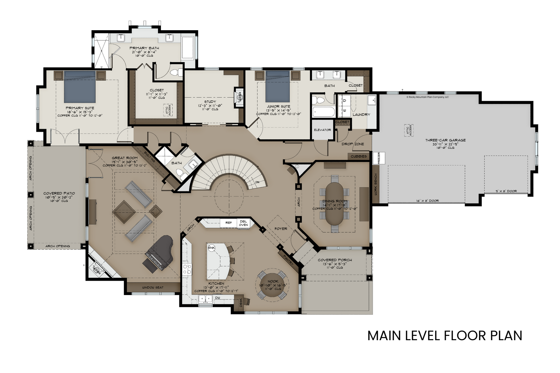 Main level floor plan of the Fairchild Mountain house plan featuring a rotunda staircase, gourmet kitchen, great room with coffered ceiling, and luxe primary suite.