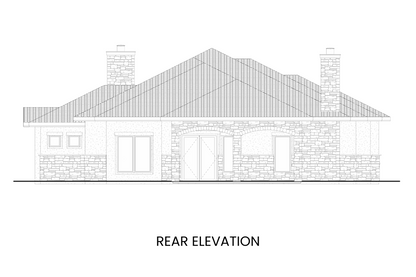 Rear elevation of the Fairchild Mountain plan featuring a covered patio with arched openings and ample windows for natural light.