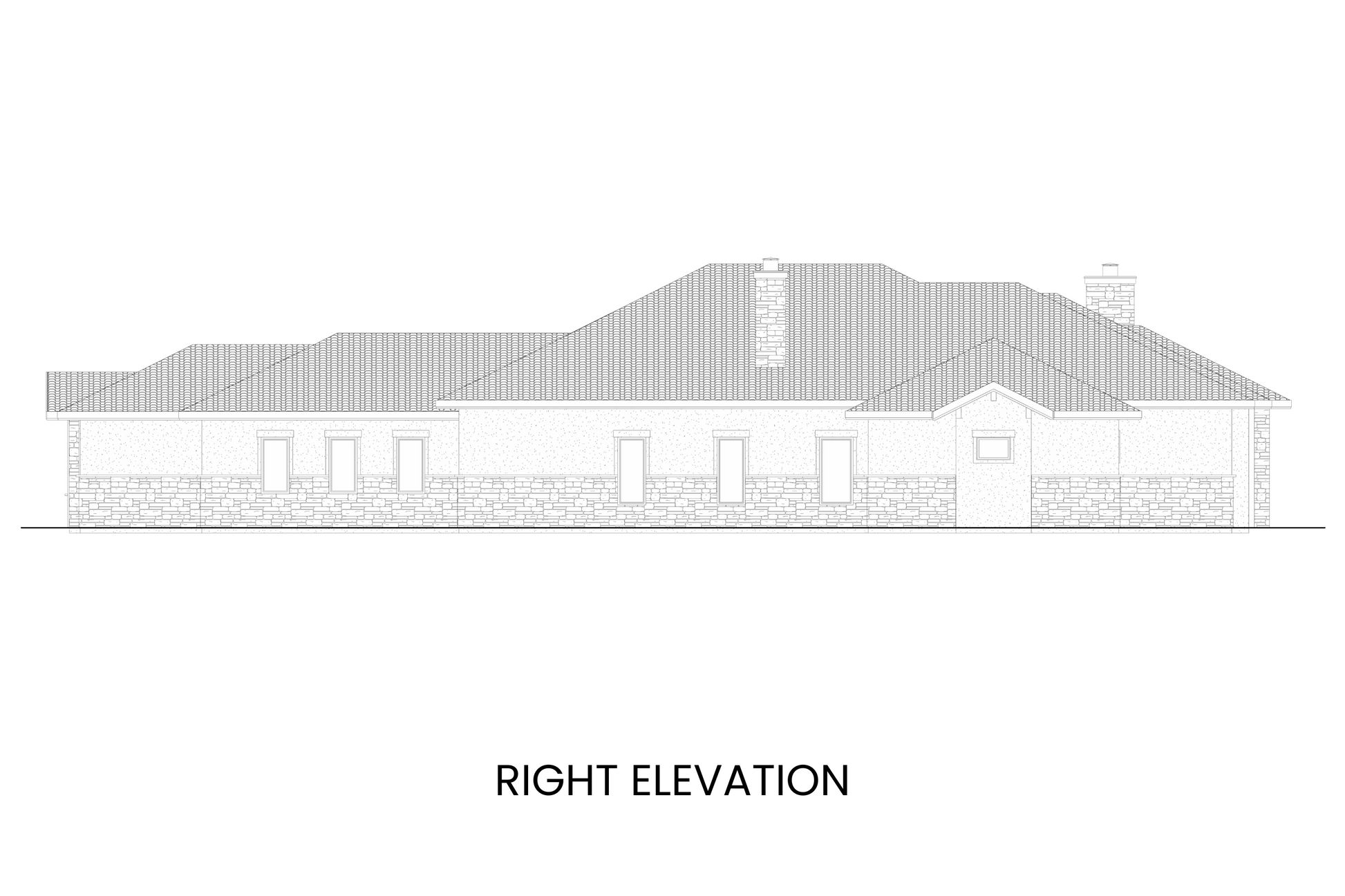 Right side elevation of the Fairchild Mountain plan highlighting the elegant roofline, stonework, and Tuscan details.