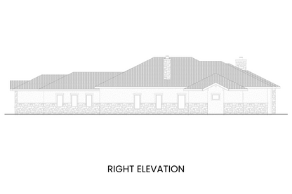 Right side elevation of the Fairchild Mountain plan highlighting the elegant roofline, stonework, and Tuscan details.