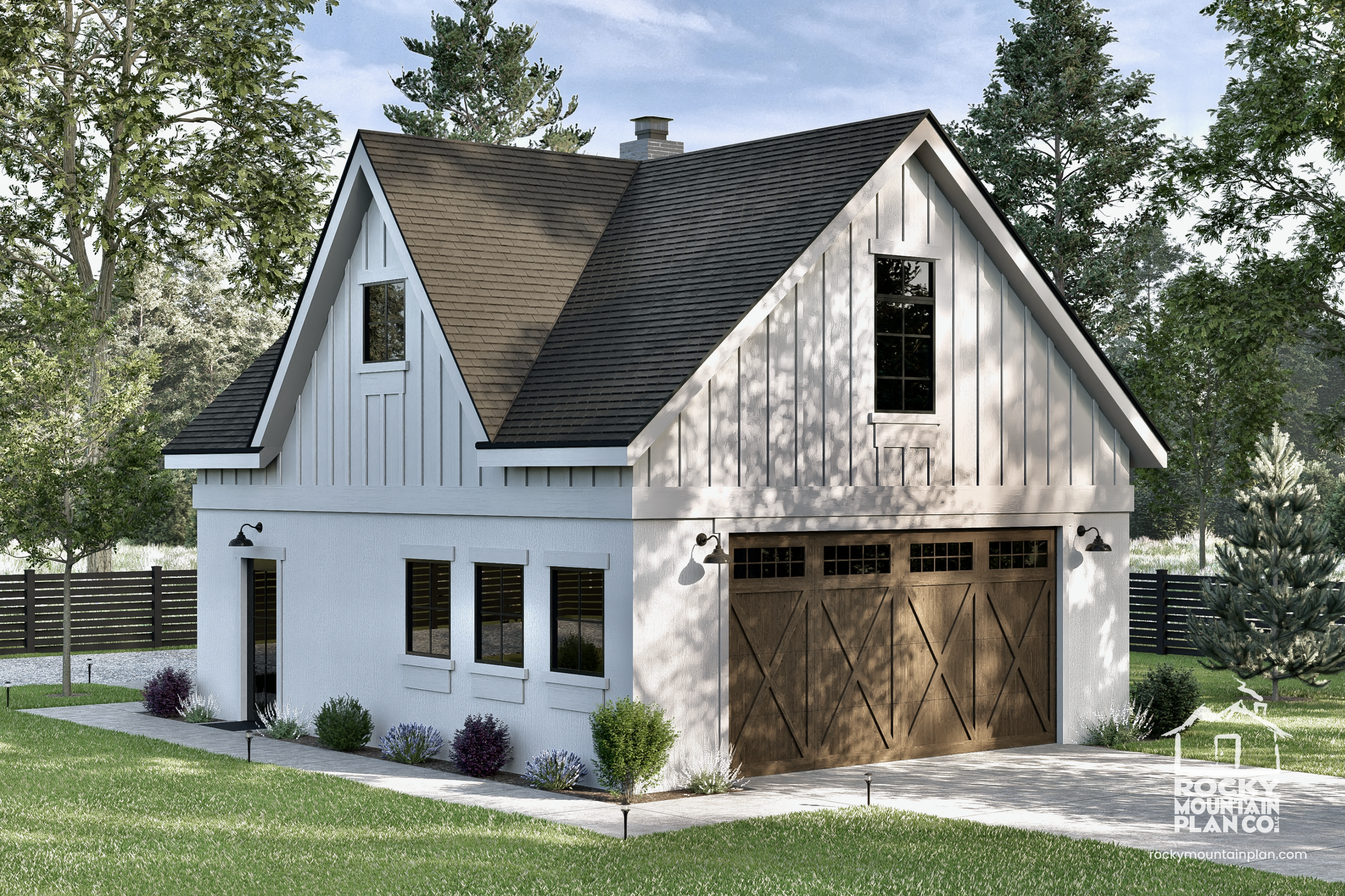 Modern Farmhouse carriage house with a cross gable roof, two-car garage, and rear-access one-car garage door for workshop or storage.