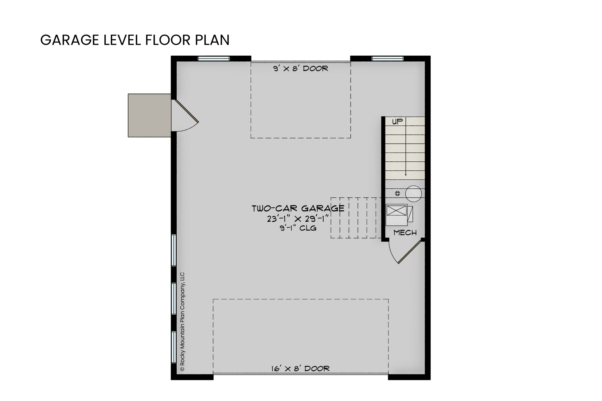 Main level floor plan of the carriage house showing a two-car garage and rear-access one-car garage door for workshop space.