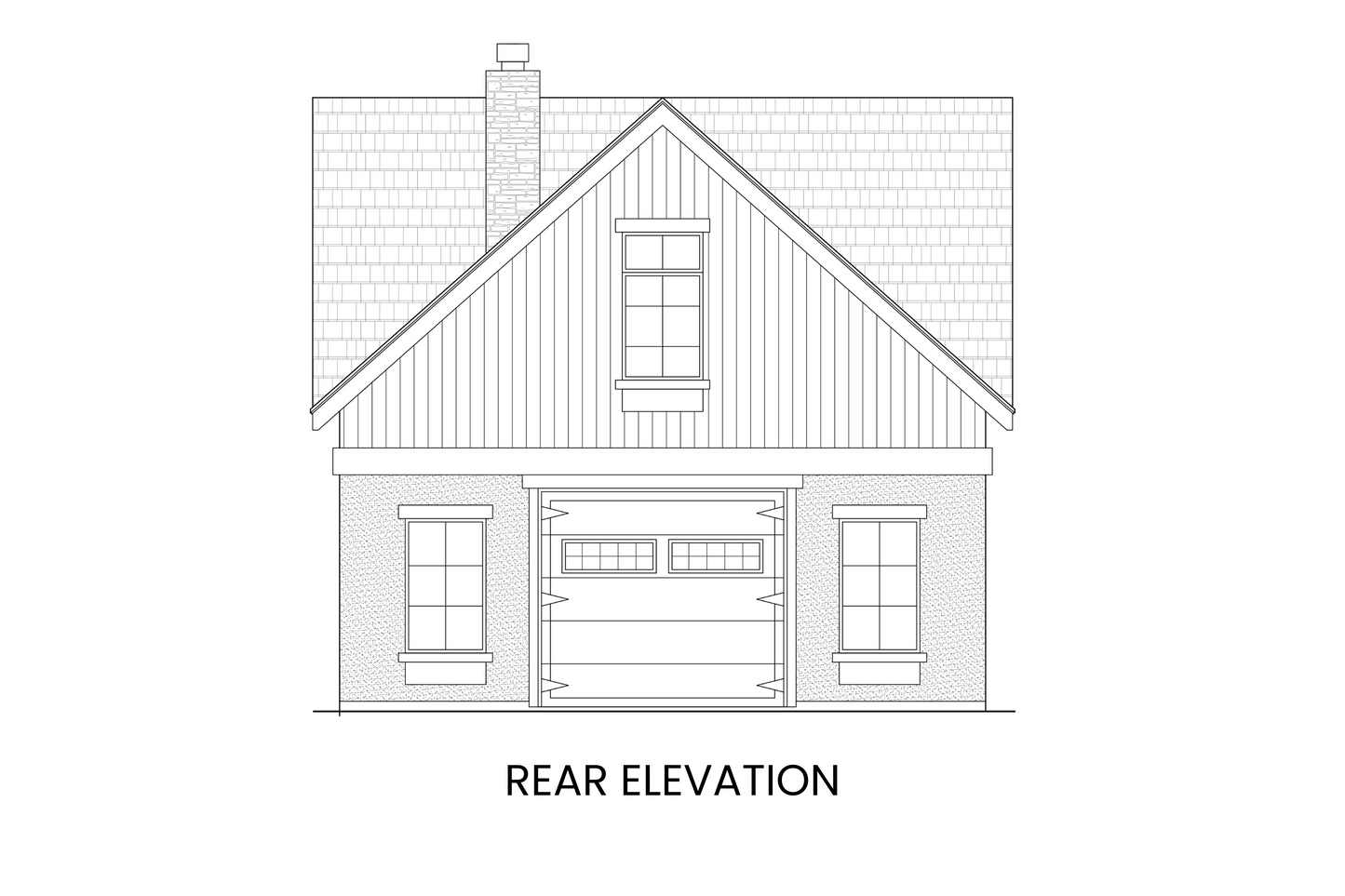 Rear elevation of a Modern Farmhouse carriage house showing a one-car garage door for workshop or outdoor equipment access.