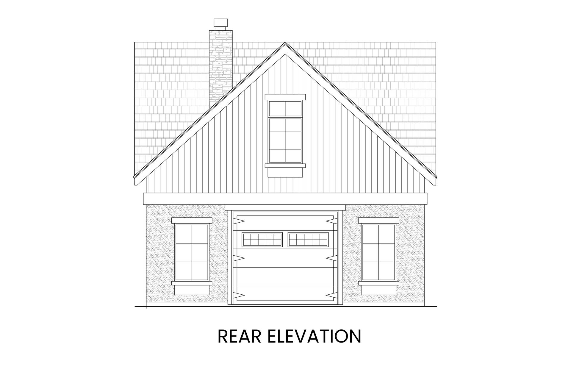 Rear elevation of a Modern Farmhouse carriage house showing a one-car garage door for workshop or outdoor equipment access.