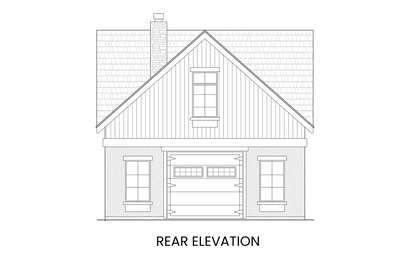 Rear elevation of a Modern Farmhouse carriage house showing a one-car garage door for workshop or outdoor equipment access.