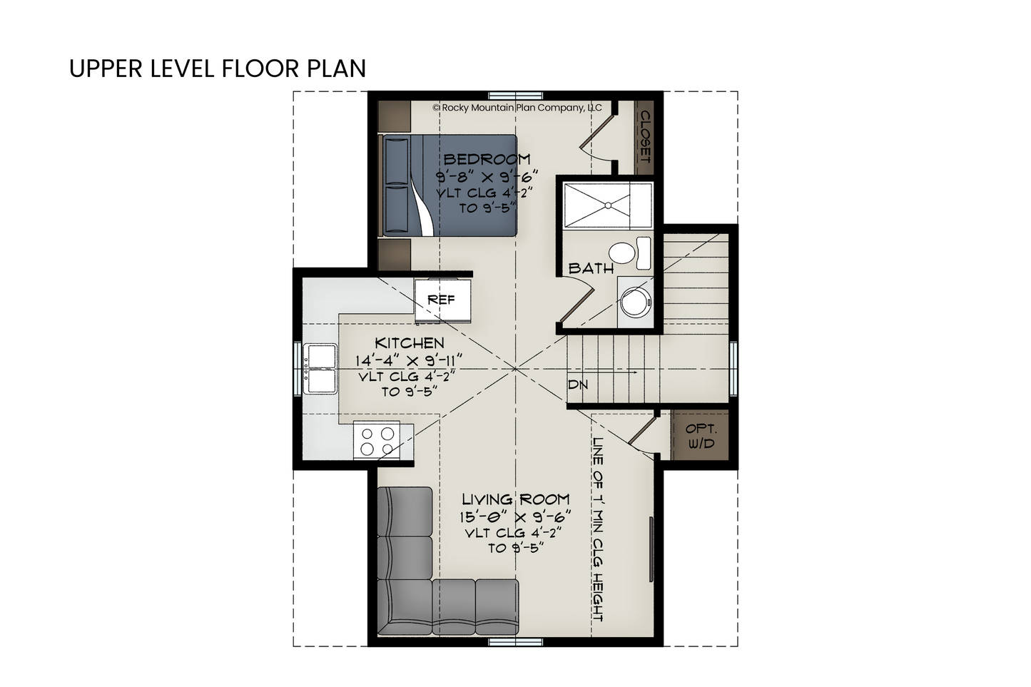 Upper-level studio apartment floor plan with a living room, central kitchen, sleeping nook, and full bathroom.