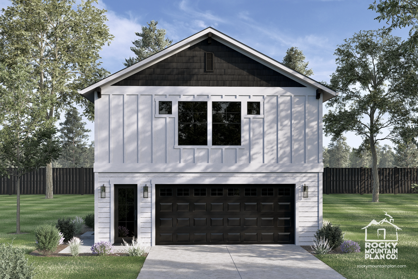 Exterior view of the Bluebird modern farmhouse carriage house with two-car garage and upper-level studio apartment.