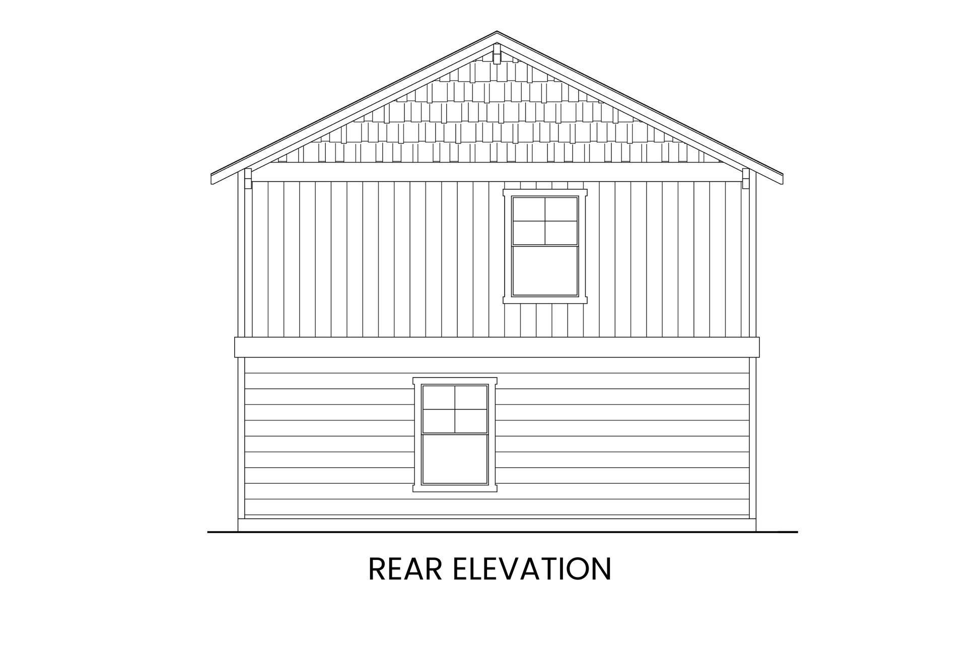 Rear elevation of the Bluebird carriage house with windows for natural light on the studio level.