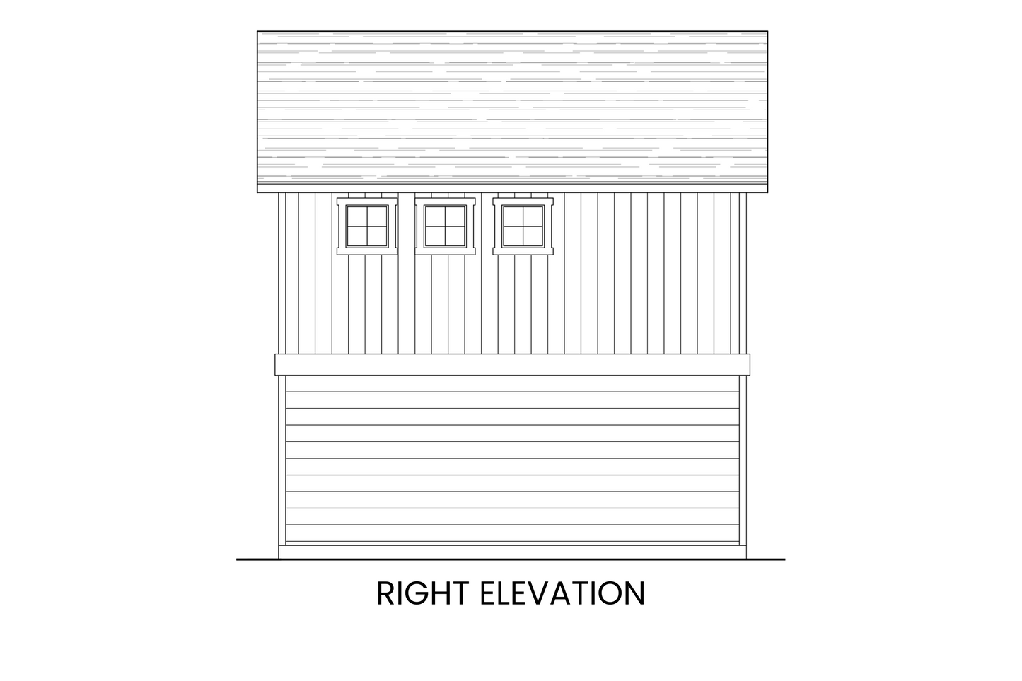 Right side elevation of the Bluebird carriage house with sloping roof and window details.