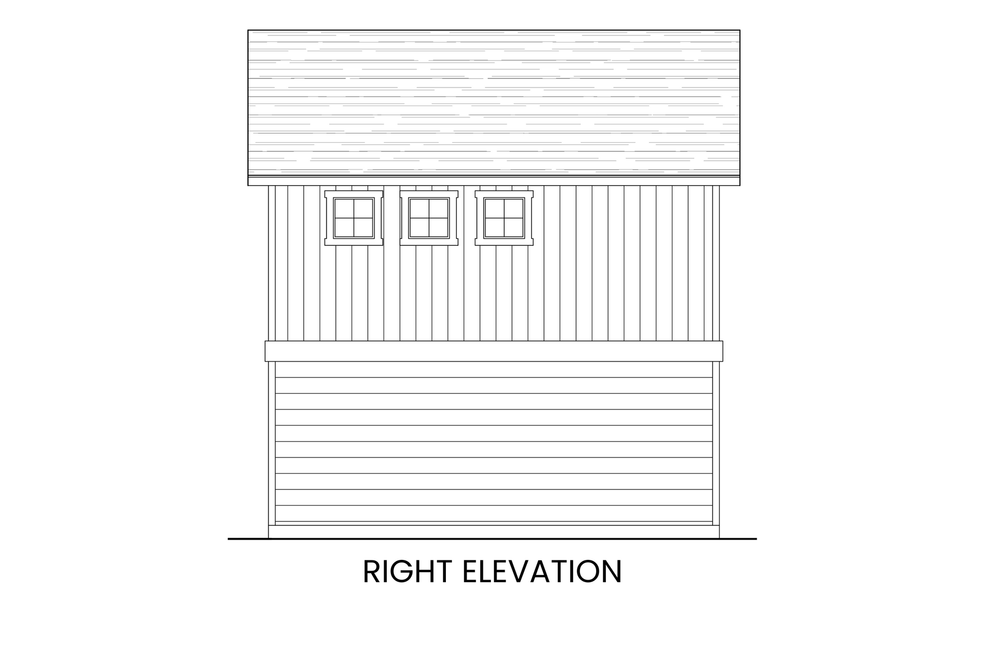 Right side elevation of the Bluebird carriage house with sloping roof and window details.