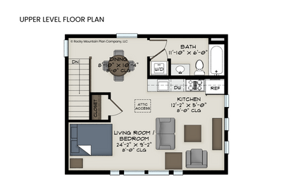 Floor plan of the Bluebird's upper-level studio, including kitchen, living area, bedroom space, and full bathroom.