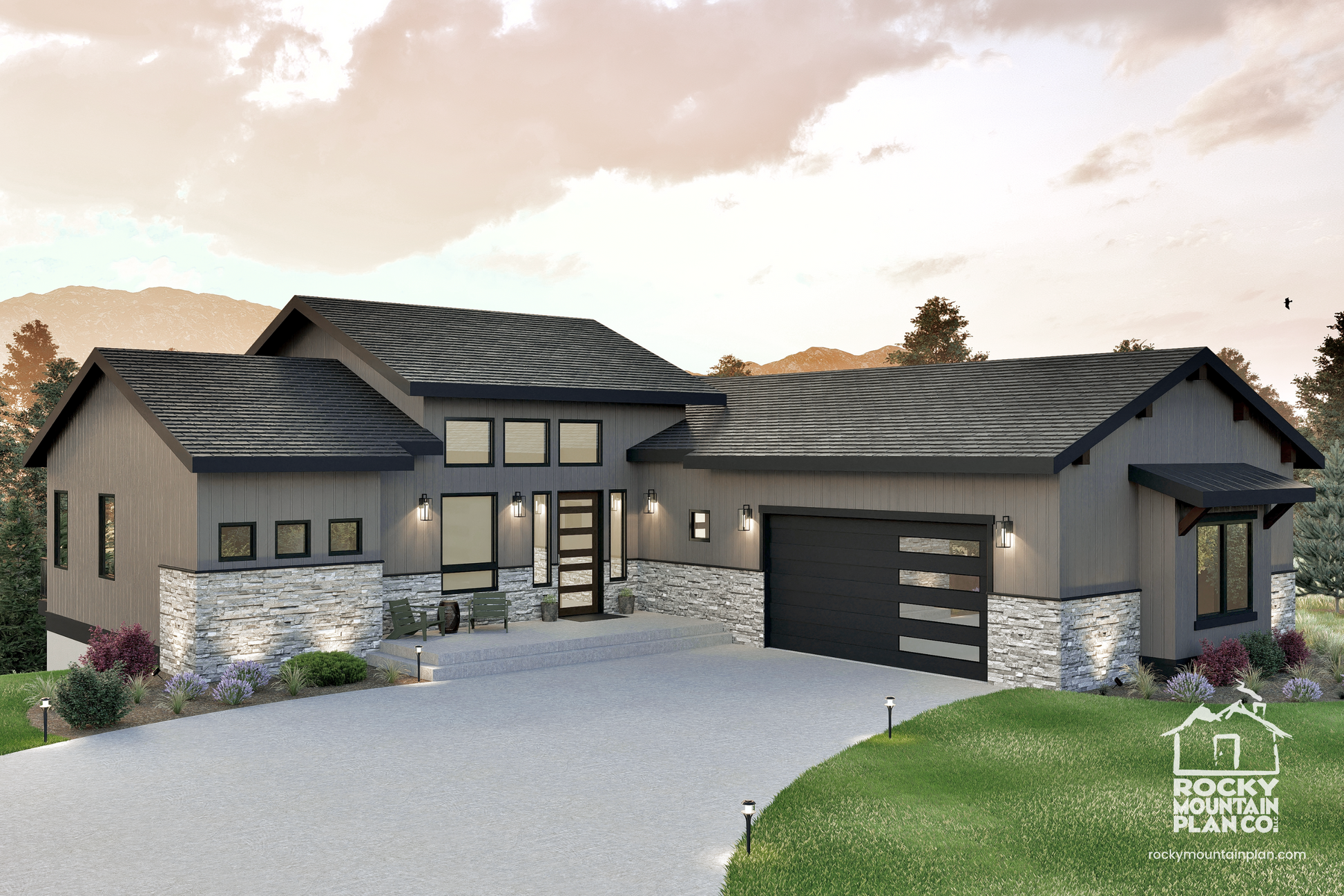 Exterior of the Sugar Maple house plan, a modern hillside design with a spacious walkout basement and expansive rear deck.