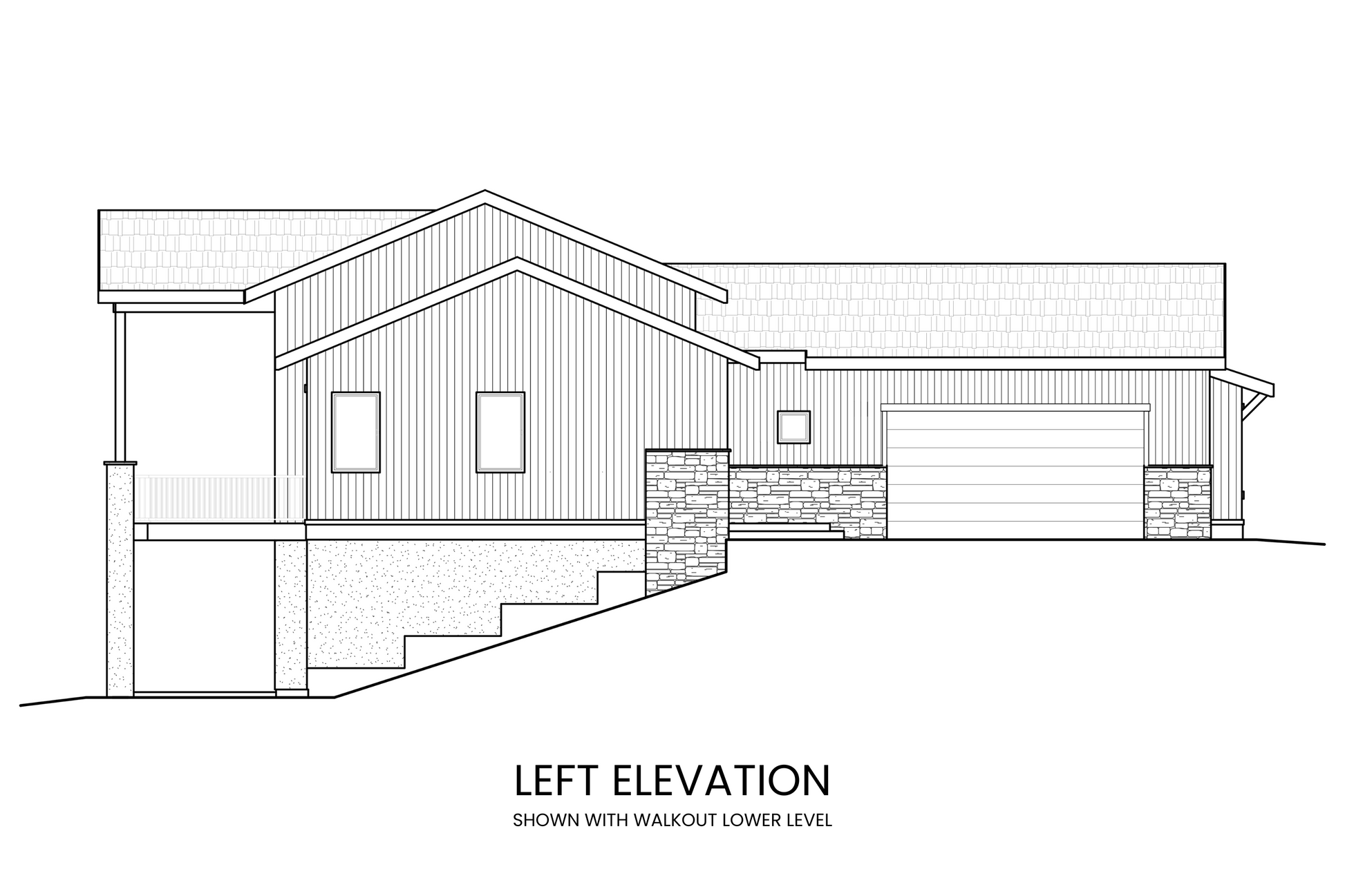 Side perspective featuring the L-shaped layout, side-entry garage, and rear deck placement.