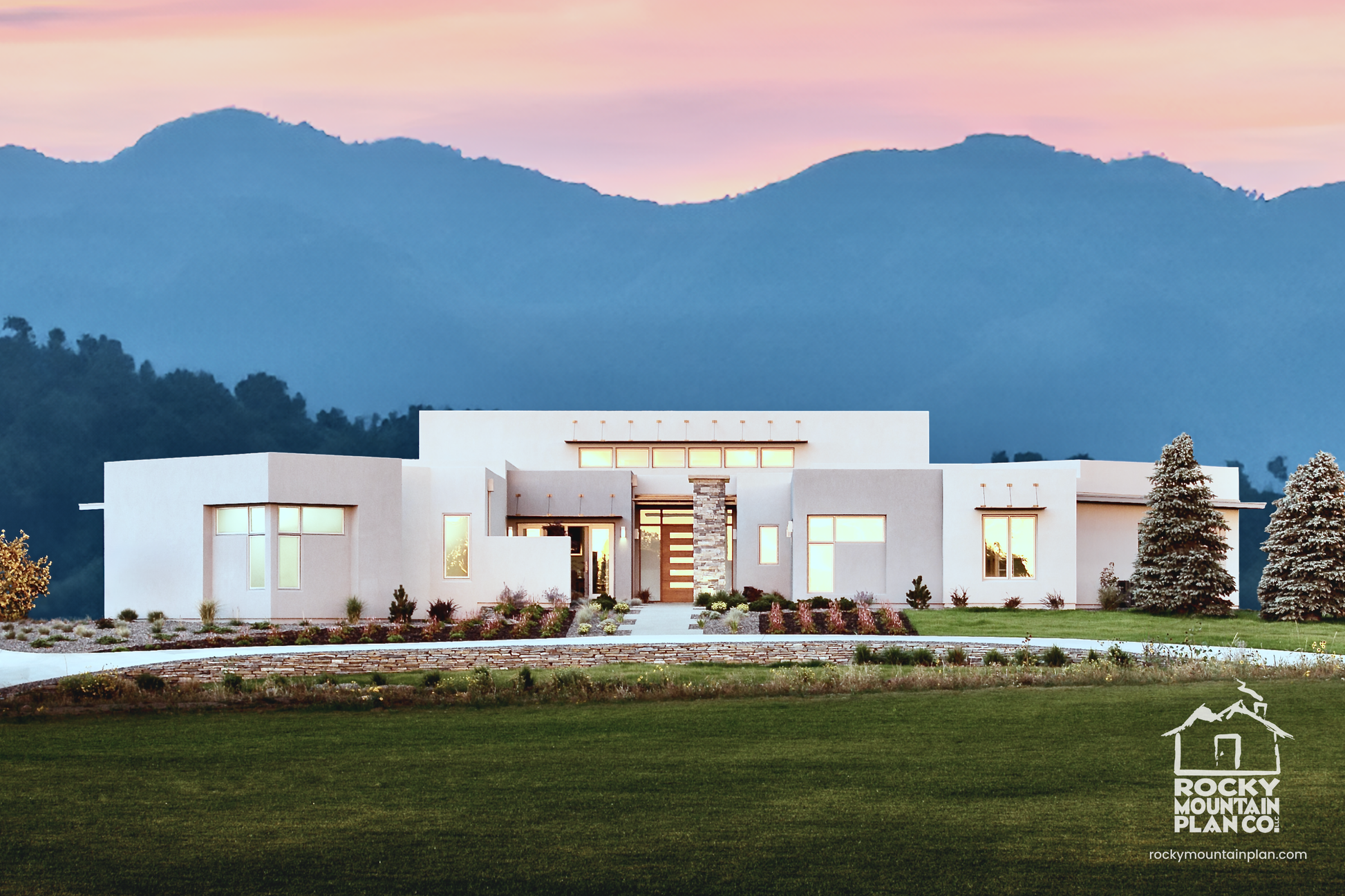 Modern-Minimalist-Ranch-Plan-for-Wide-Sites-Exterior-Rocky-Mountain-Plan-Company-Crescent-Lake