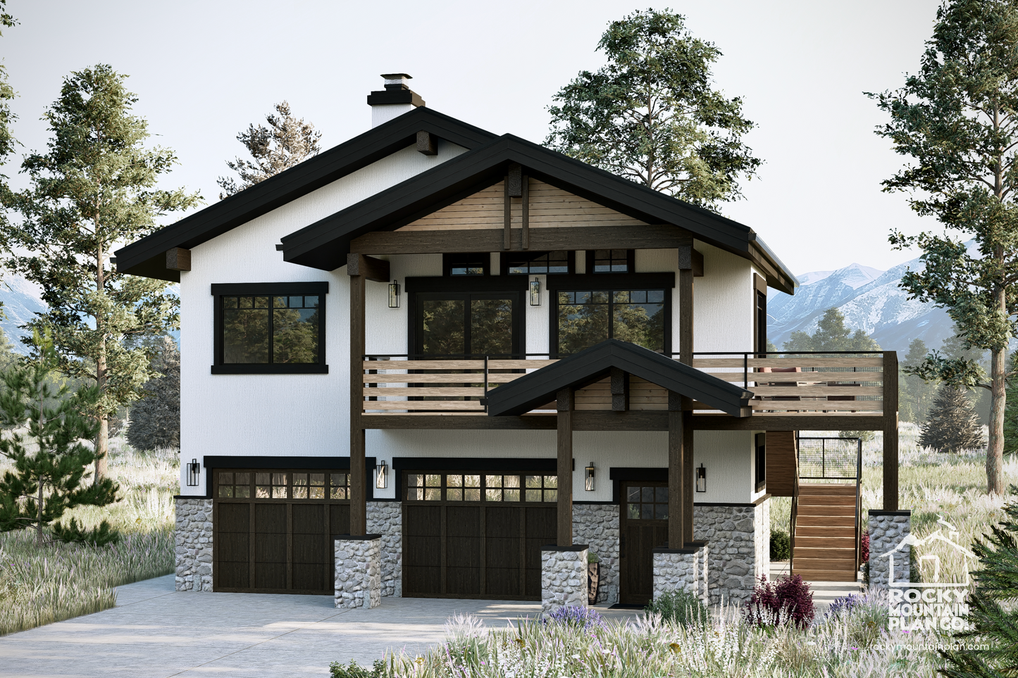 Exterior of the Willowherb house plan, a modern mountain carriage house featuring timber trusses, stone accents, and natural materials.