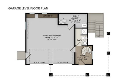 Garage level with a full bath, workshop area, and mechanical room.