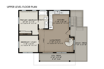 774 sq ft of open-concept living, including vaulted ceilings, two bedrooms, and a wraparound deck.