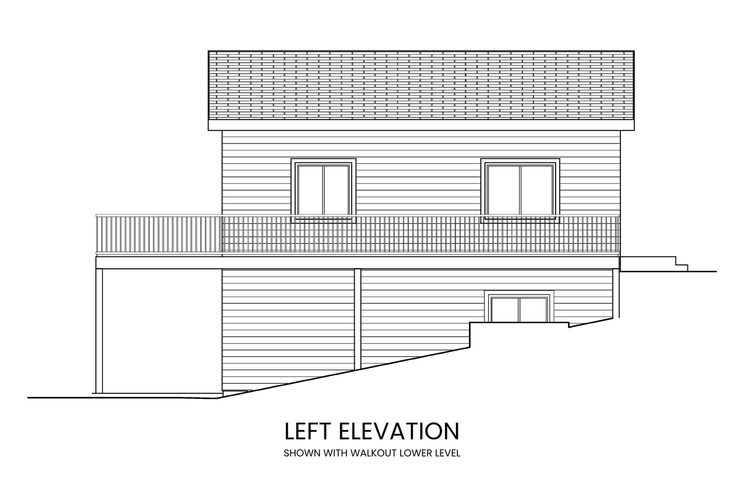 Left side elevation of Blue Vervain showing the rustic design and architectural features, including the wraparound porch.