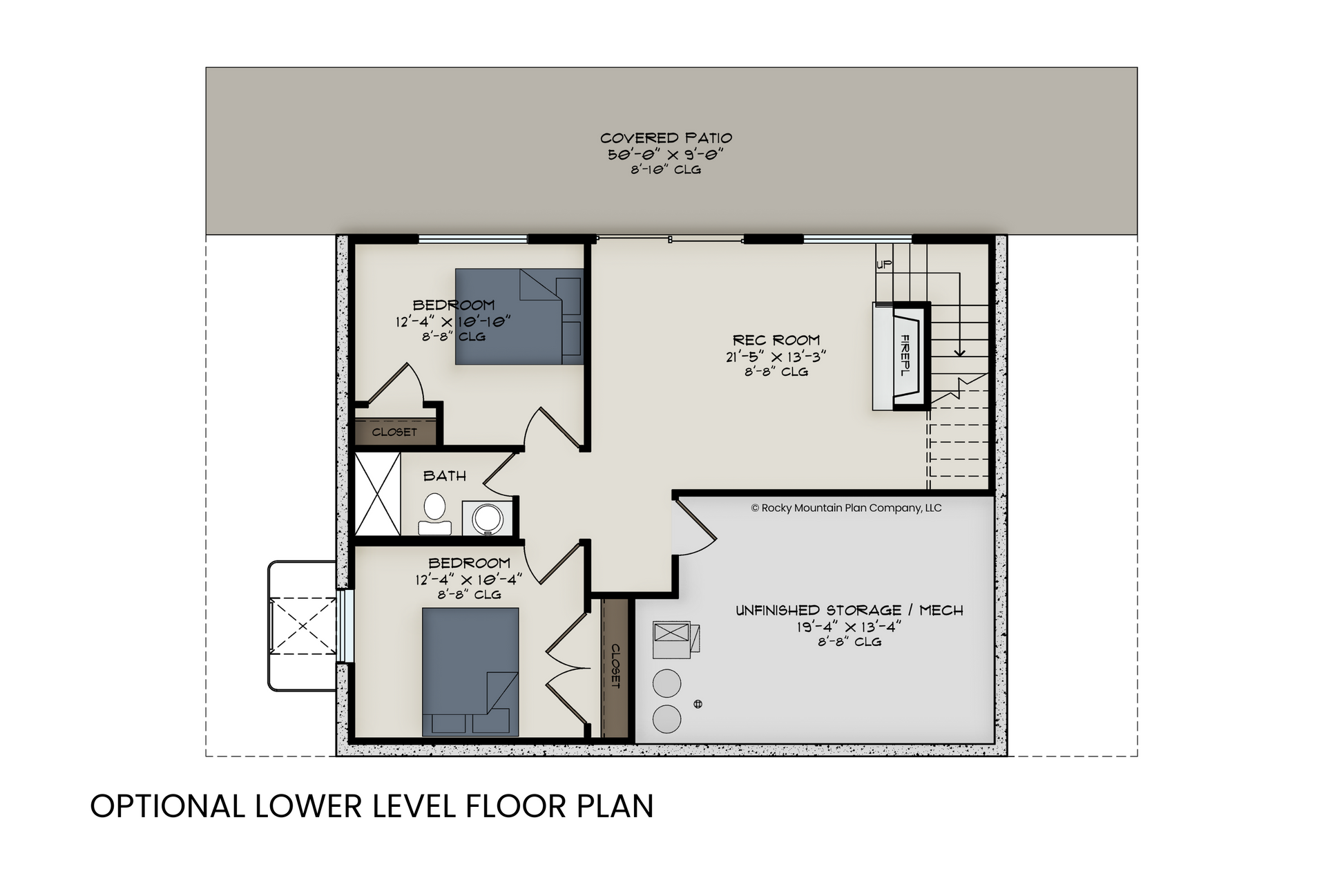 Lower level floor plan of Blue Vervain including additional bedrooms, living space, and walkout access.