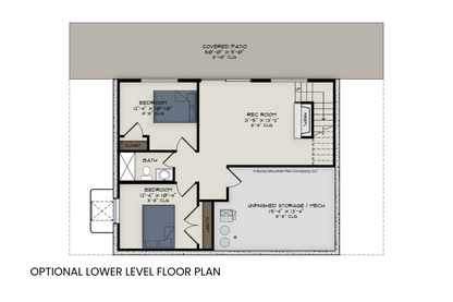 Lower level floor plan of Blue Vervain including additional bedrooms, living space, and walkout access.