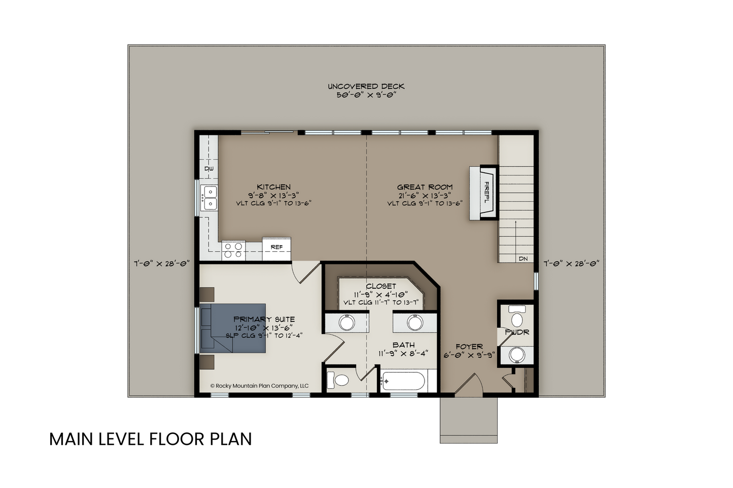 Main level floor plan of Blue Vervain featuring an open-concept living room, kitchen, and dining area with a wraparound porch.