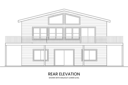 Rear elevation of Blue Vervain highlighting the wraparound porch and large windows for natural light and scenic views.