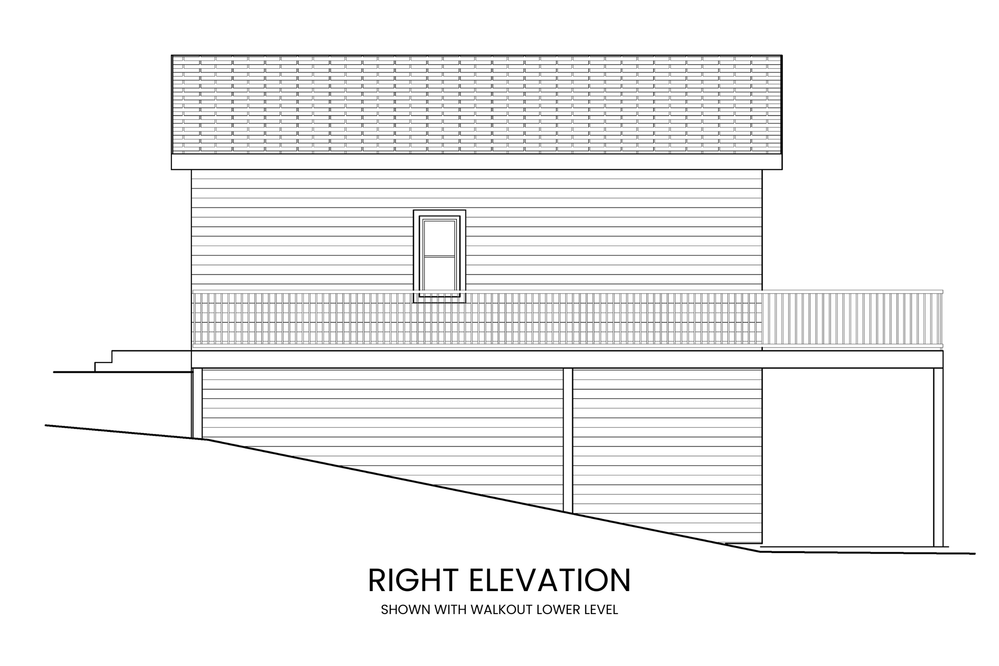 Right side elevation of Blue Vervain cabin-style home, featuring detailed rustic elements and window placements.