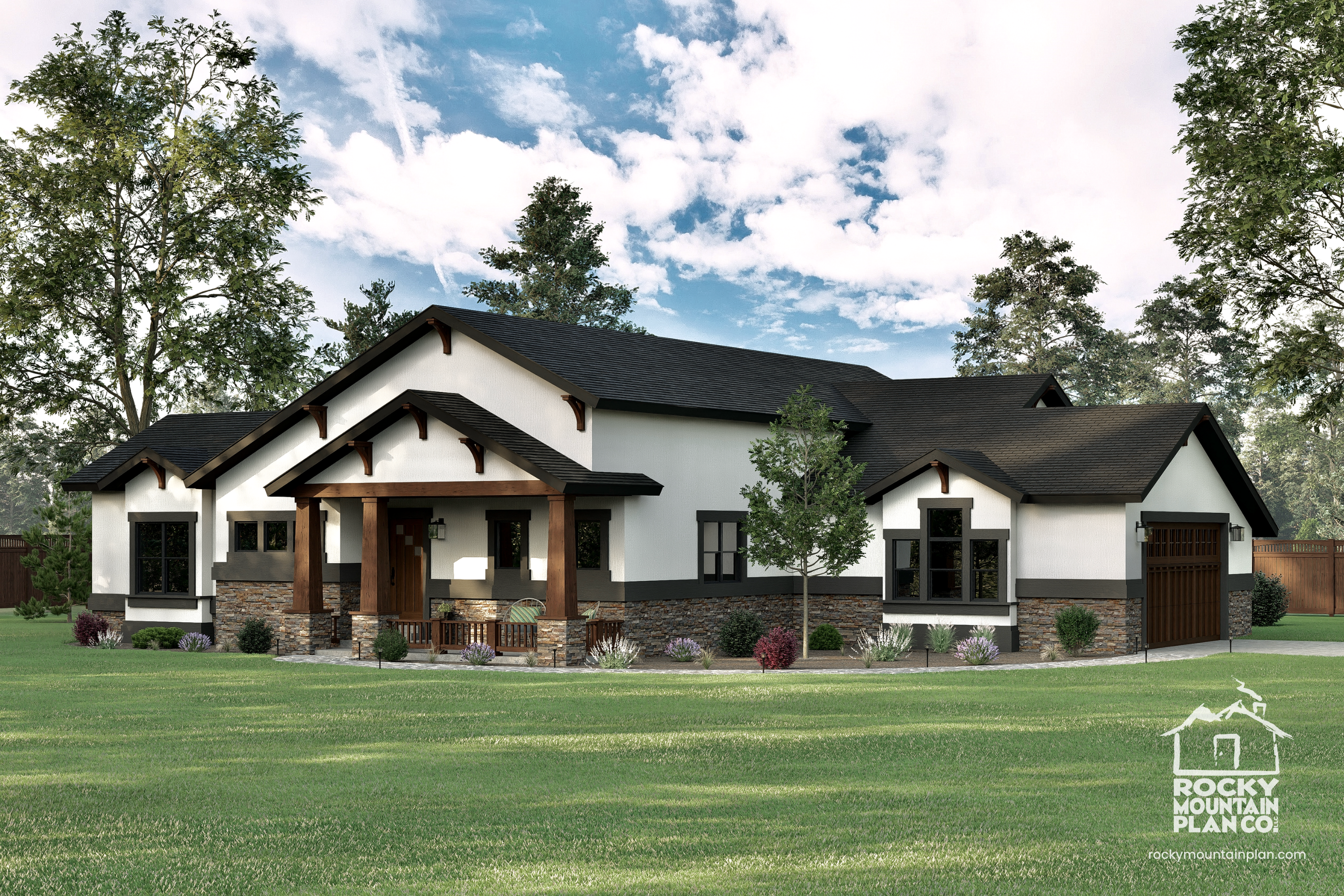 Exterior view of Alice Lake, a modern Craftsman ranch home with a covered front porch and charming courtyard.