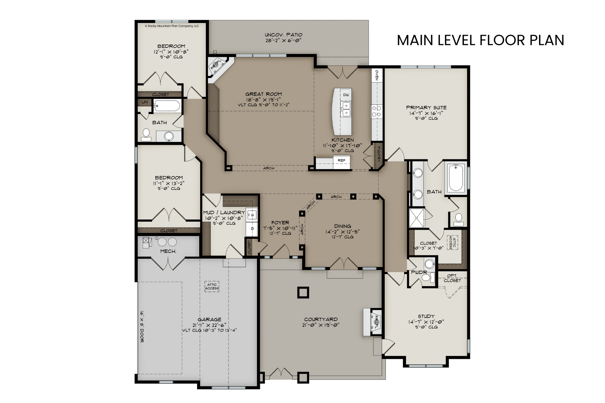 Main level floor plan of Emma Lake featuring three bedrooms, a study, an open kitchen and great room, and the central courtyard entrance.