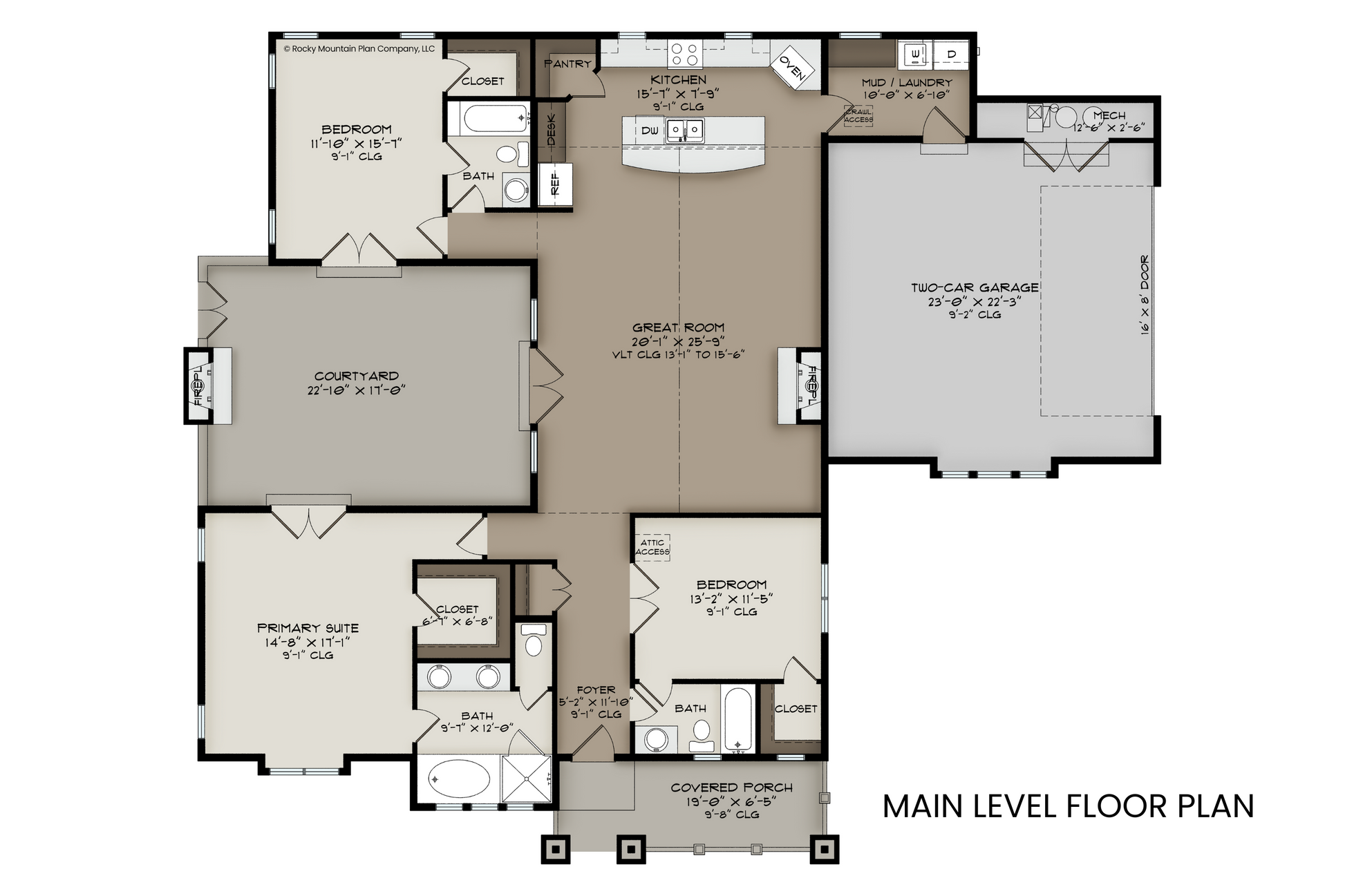 Main level floor plan of Alice Lake, featuring three bedrooms, open great room, kitchen with island, and courtyard layout.