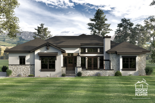 Exterior view of Emma Lake, a modern transitional lodge-style single-level home with a gated courtyard and side-entry garage.