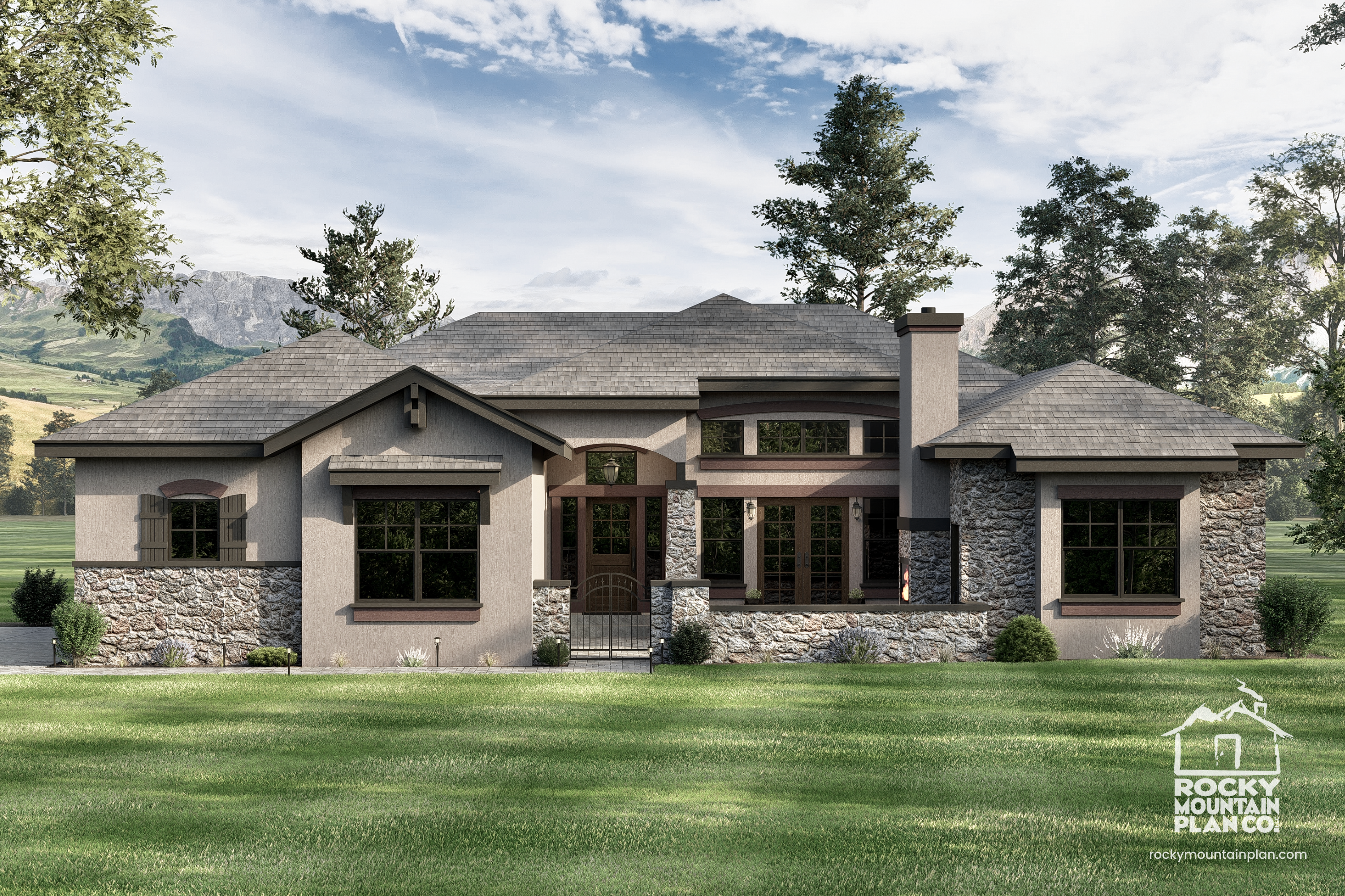 Exterior view of Waterton Lake, a European lodge-style single-level home with a gated courtyard and charming architectural details.