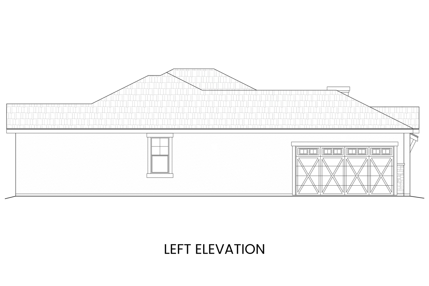 Left side elevation of Emma Lake showing the side-entry two-car garage and architectural details of the single-level layout.