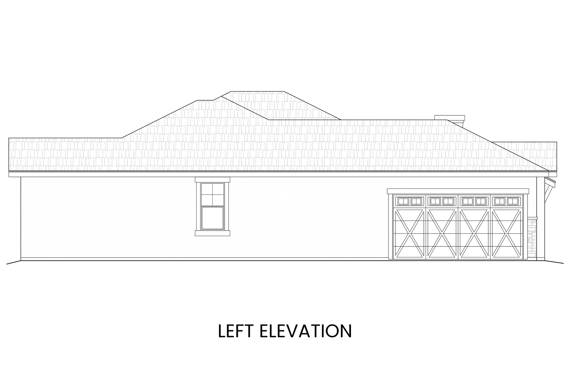 Left side elevation of Emma Lake showing the side-entry two-car garage and architectural details of the single-level layout.