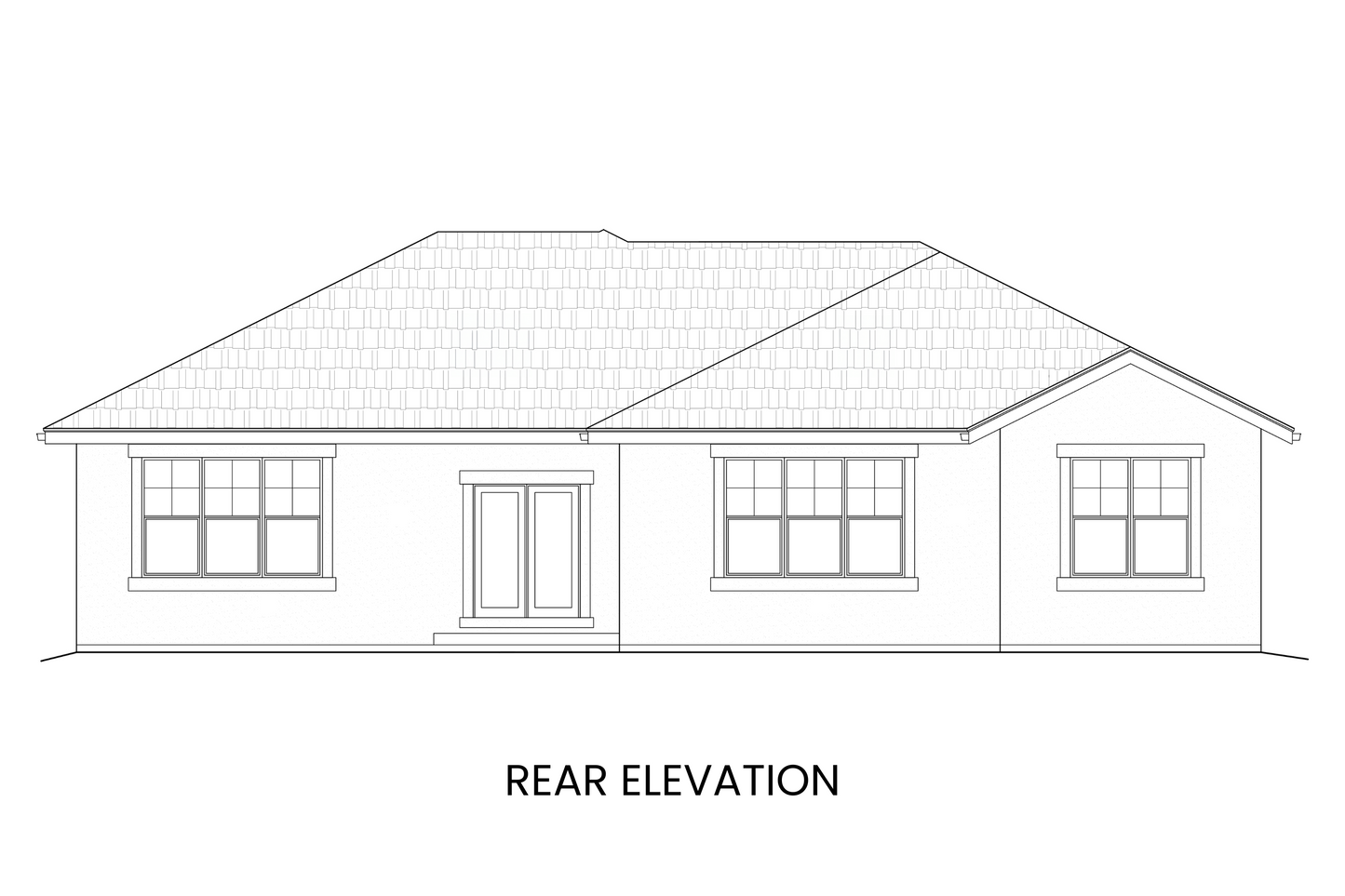 Rear elevation of Waterton Lake highlighting the rear patio, large windows, and exterior detailing typical of a lodge-style home.