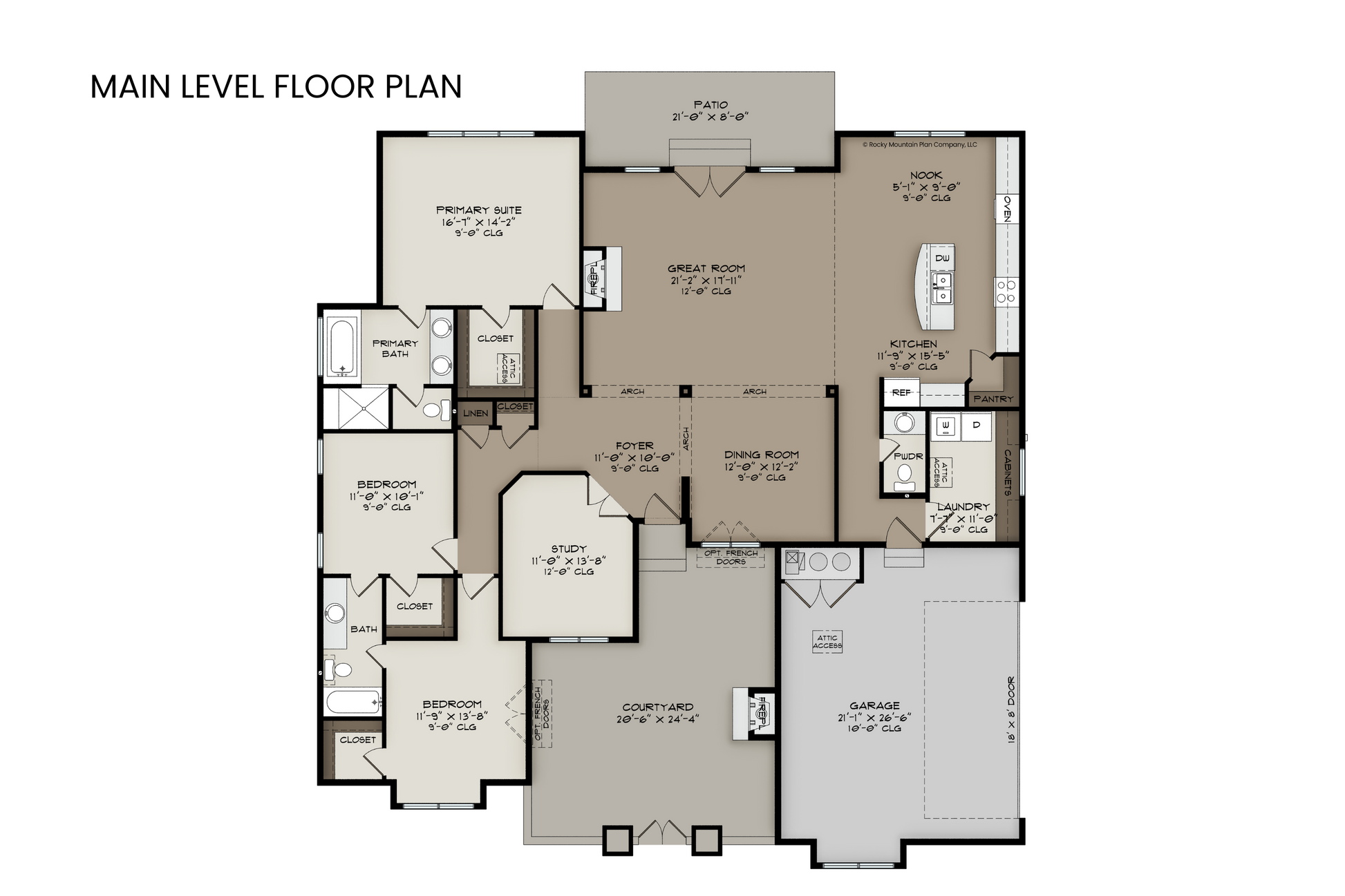 Main level floor plan of Annette Lake, featuring three bedrooms, a study, a great room with high ceilings, and a spacious courtyard entrance.