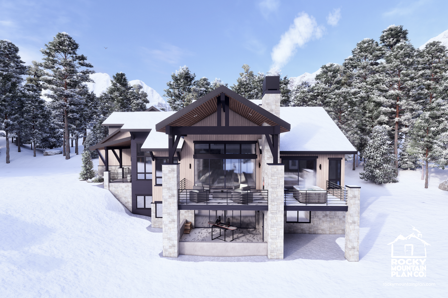 Ultimate-Vacation-Lodge-Plan-with-Guest-Suites-Side-View-Exterior-Rocky-Mountain-Plan-Company-Meadow-Creek
